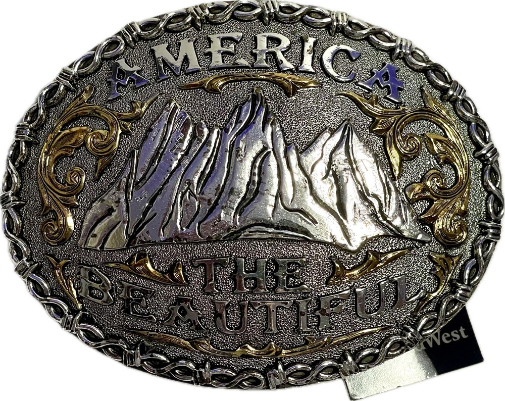 AndWest Western Style Belt Buckle America the Beautiful Design Silver & Gold NEW