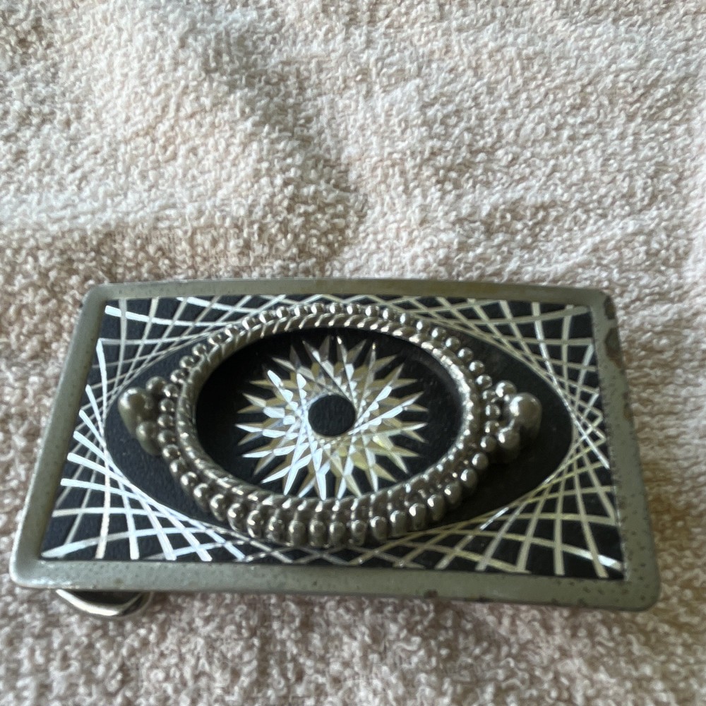 Men&rsquo;s Western Rectangular Geometric Belt Buckle Silver/Black Metal Beaded