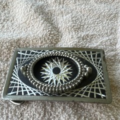 Men&rsquo;s Western Rectangular Geometric Belt Buckle Silver/Black Metal Beaded