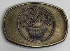 Vintage Western Belt Buckle Circle The Wagon Cowboy Rustic Pioneers Signed RJ