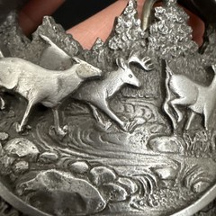 NICE PEWTER 1990 C + J INC DEER SCENE AND ANTLER BELT BUCKLE MADE IN USA