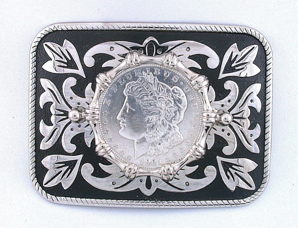 Silver Color Rectangle Western REAL 1921 Morgan Silver Dollar Belt Buckle EPBB94