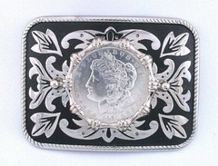 Silver Color Rectangle Western REAL 1921 Morgan Silver Dollar Belt Buckle EPBB94