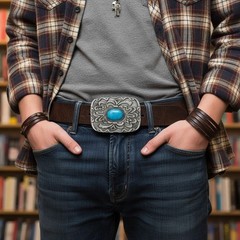 Men / Women Antique Silver Metal Ethnic Belt Buckle Turquoise Filigree Everyday