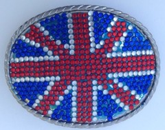 British Flag Belt Buckle Oval Beaded Sparkles About 3.75&Prime;x2.75