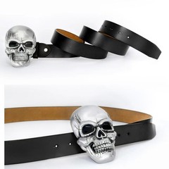 POSKLA Men&rsquo;s Skull Head Buckle Leather Belt Waist Band, Jeans Large, Black