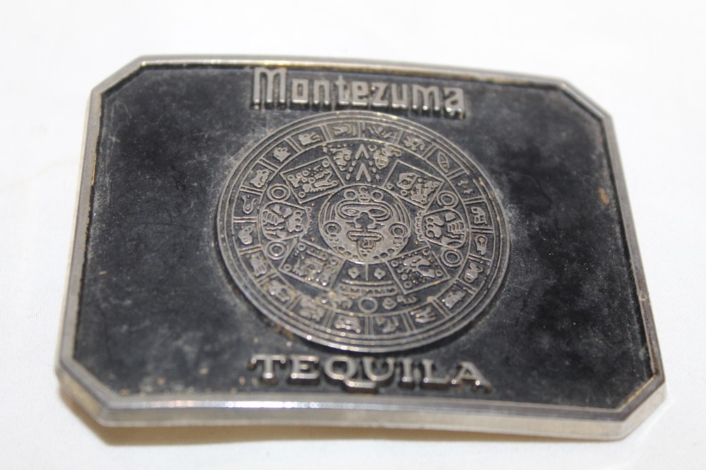 Vintage Montezuma Tequila Men’s Belt Buckle By Barton’s Brands Gold And Black