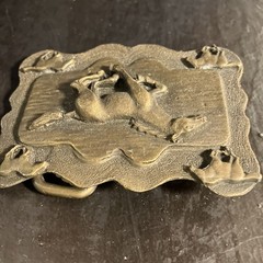 Vtg belt buckle running horses cowgirl cowboy equestrian western brass toned