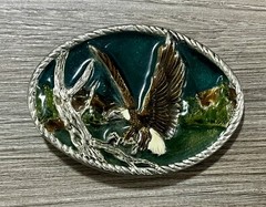 Vintage Eagle Landing On Branch Enameled Metal Belt Buckle Silver Tone Nature