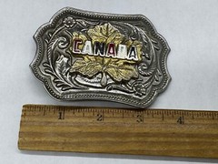 ESTATE SILVER TONE BELT BUCKLE CANADA MAPLE LEAF FLORAL MEN WOMEN UNISEX