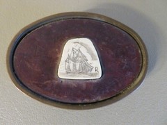 Vintage Signed R Carved Antler Horn Scrimshaw Etched Clipper Brass BTS Buckle