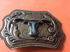 Texas Longhorn SouthWest etched vintage Belt Buckle America cattle skull patina