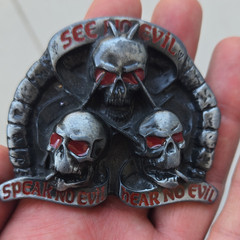 See No Evil Skull Belt Buckle Metal Silver Red Black Gothic Antique Finish