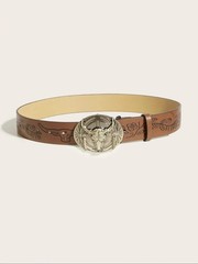 Western Cow Head Buckle Belt – Peony Pattern PU Leather Casual Belt/ COWBOY/