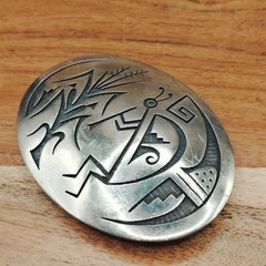 Hopi Pueblo Mitchel Sockyma MS Kokopelli Overlay Sterling Silver Belt Buckle
