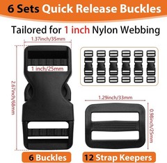 6 Set 1&Prime; Wide Quick Release Buckle with 12 Pcs Strap Clips, Heavy Duty Side Rele
