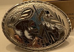 Silver Engraved Inlaid Buckle Native Horse and Horse Rider TBD1 SSI 88 VTG