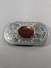 Vintage Silver Color Belt Buckle Metal Paisley Design Brown Stone Decorative