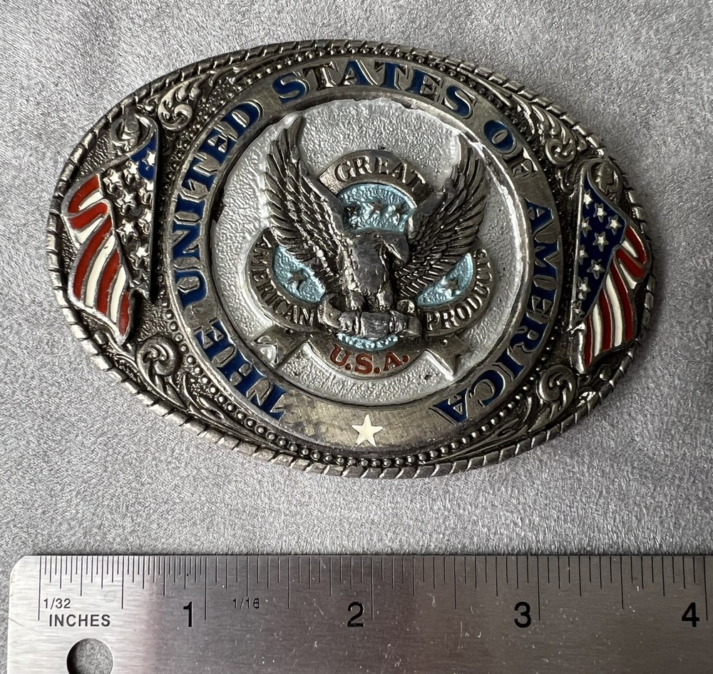 Vintage 1986 Eagle and American Flag United States Of America Brass Belt Buckle