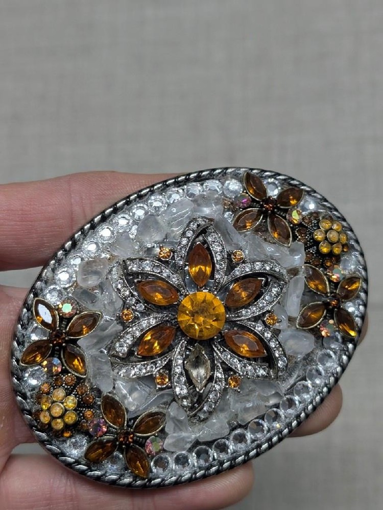 vintage FLOWER belt buckle RHINESTONE floral STUDDED western GLAM statement