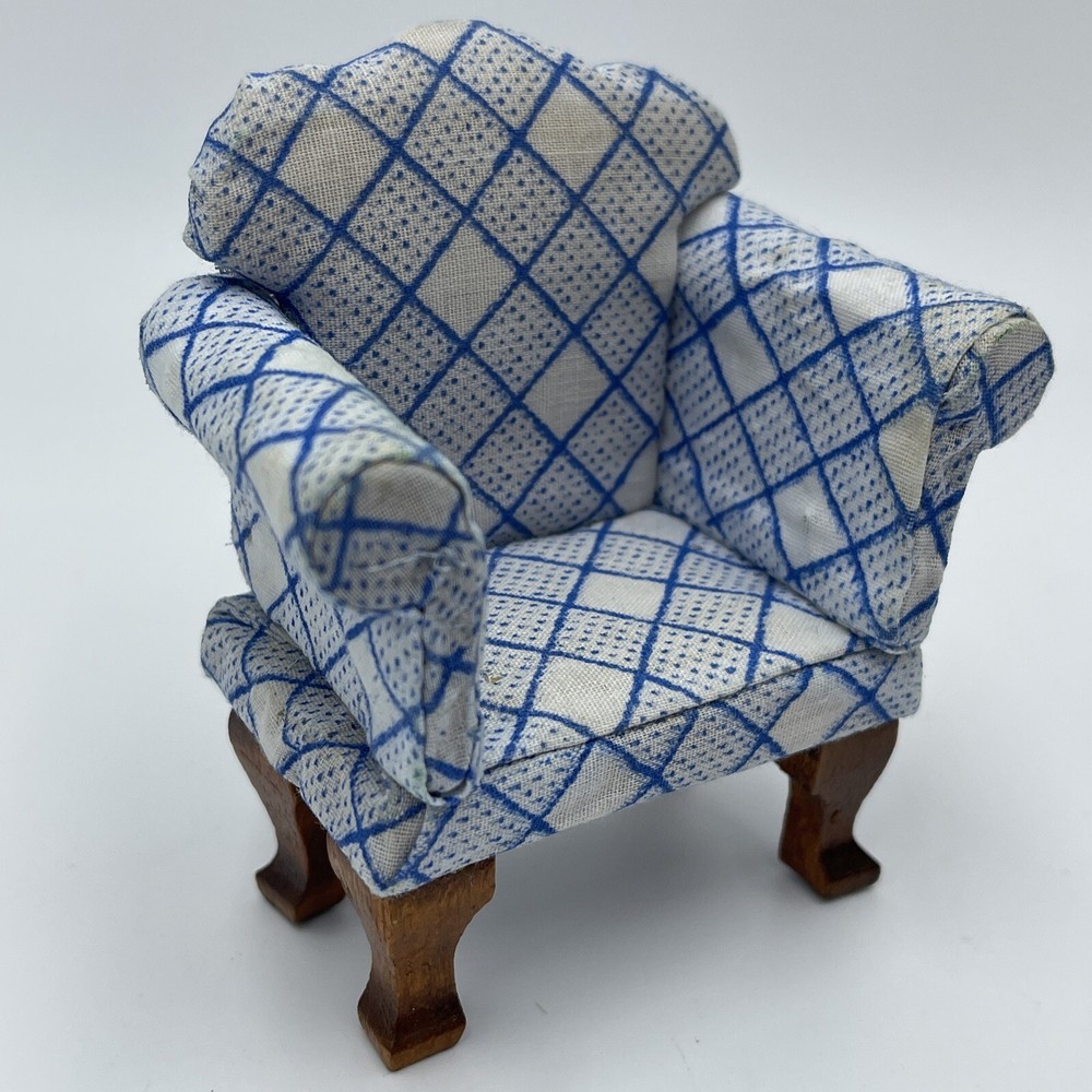 Vintage Doll House Upholstered Arm Chair Checker Stripes White Blue Print READ