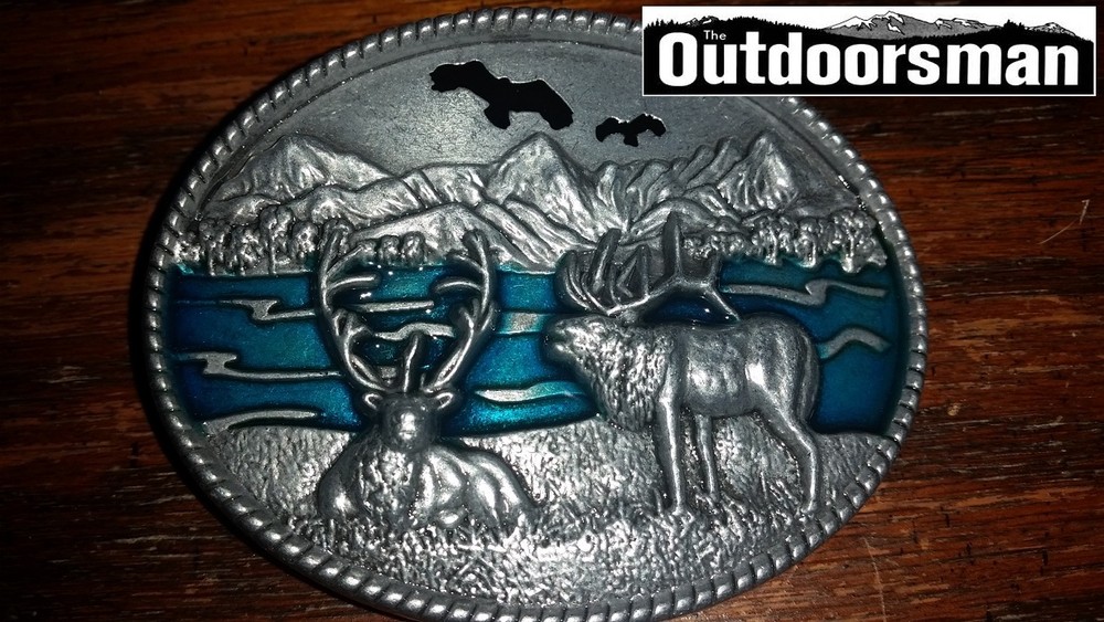 Deer By Lake Eagle Above Belt Buckle Embossed Metal Pewter turquoise color