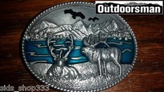 Deer By Lake Eagle Above Belt Buckle Embossed Metal Pewter turquoise color
