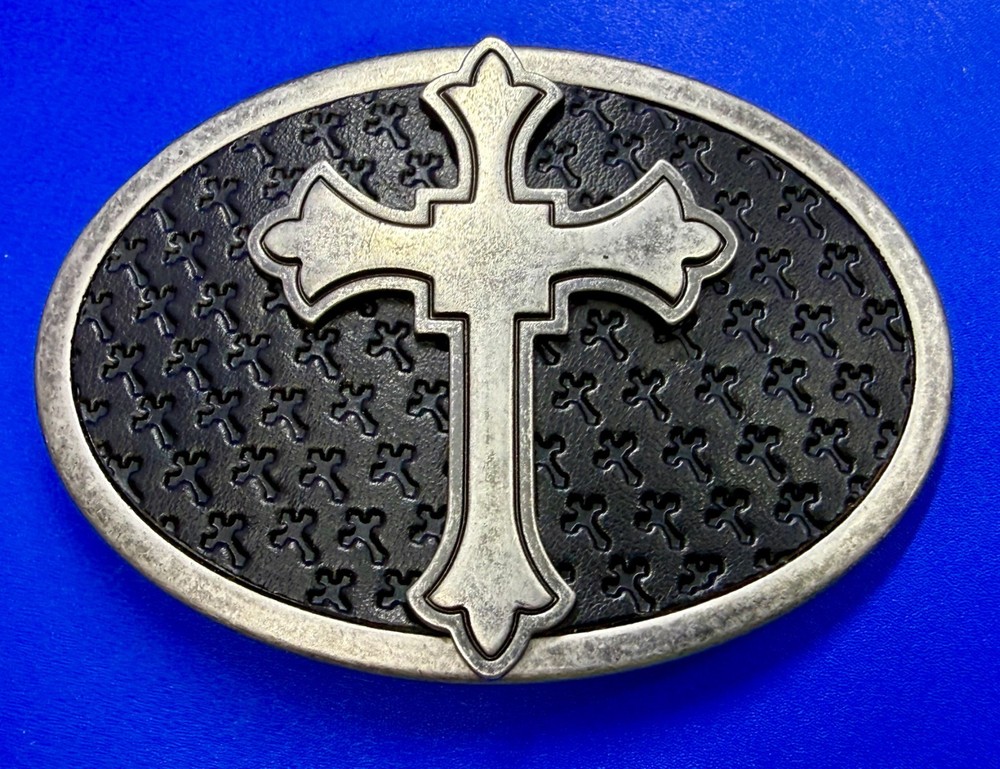 Centered Iron Cross Religious Gothic Punk Vibe Faux Leather on Metal Belt Buckle