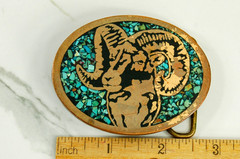 Bighorn Ram brass western belt buckle turquoise inlay vintage Harmony Metal