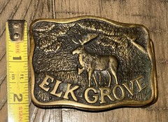 “Elk Grove” Collectors Vintage Brass Belt Buckle by D. Stewart & Co, Ione Ca