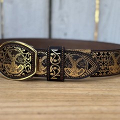 Genuine Laser Cut Leather Centenario Western Belt with Removable Buckle – Gold