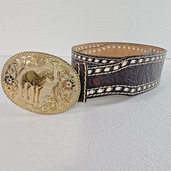 Vintage CRUMRINE Belt Buckle BRONZE Engraved HORSE Cowboy WESTERN Gold RODEO