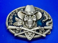 Cowboy Skull Bandana W/ Crossed Rifle Snakes Blue Background Western Belt Buckle