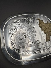 Silver Tone Engraved Western Cowboy Belt Buckle With 3D Bronze Tone Saddle