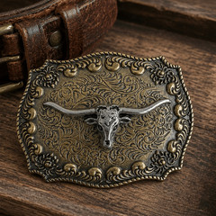 Western Steer Head Belt Buckle Antique Brass Silver Tone