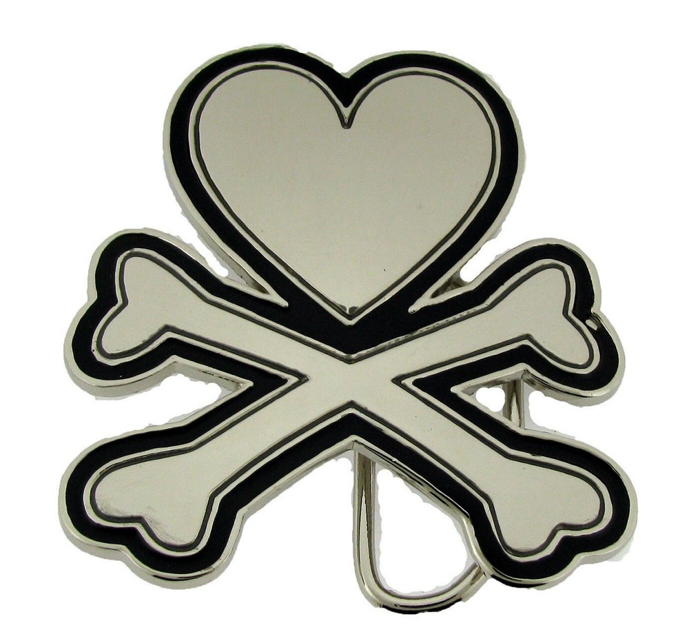 Heart Crossed Bones Belt Buckle Tattoo Gothic Silver Chrome Men Women Fashion