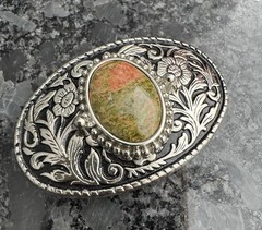 Vintage Western Floral Oval Belt Buckle Silver Tone w/ Jasper Agate Stone