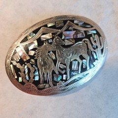 Vintage Alpaca Mexico Abalone Inlay Horse Belt Buckle Southwestern Desert Scene