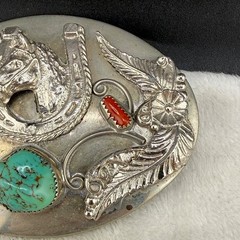 Vintage Western Belt Buckle Equestrian Red Green Polished Stone