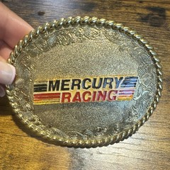 Mercury Racing Gold Tone Metal Oval Plate Belt Buckle Embossed Logo Vintage