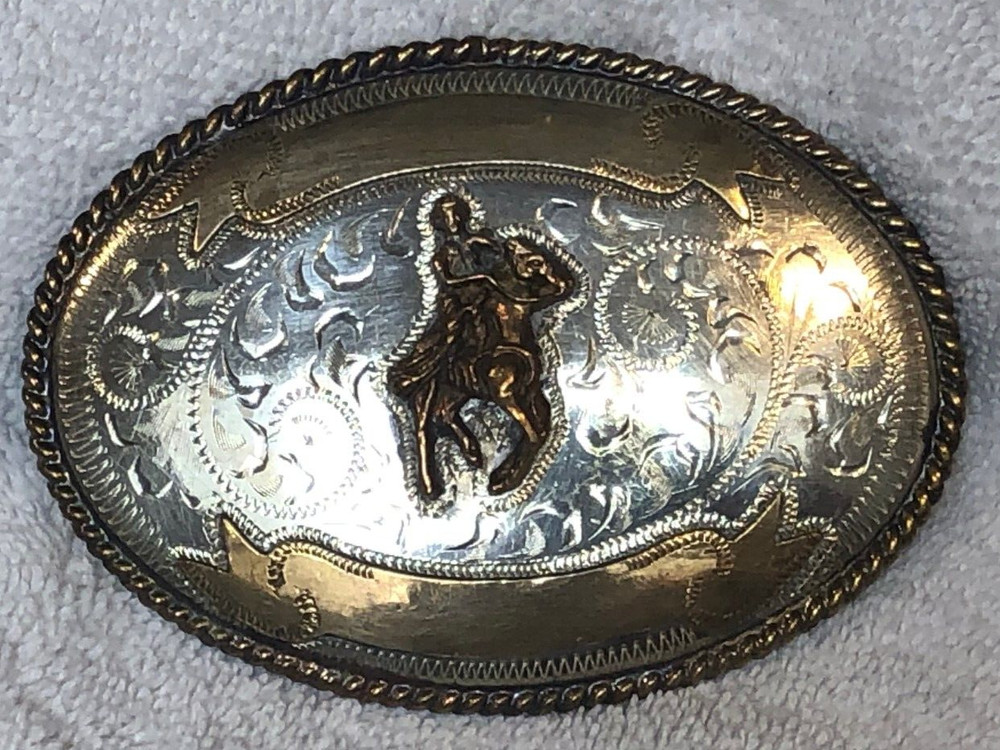 Vintage Alpaca Silver and Brass Belt Buckle Rider & Horse 4&Prime; x 2.75&Prime;