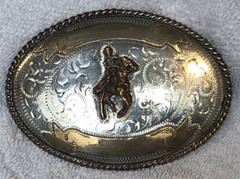 Vintage Alpaca Silver and Brass Belt Buckle Rider & Horse 4&Prime; x 2.75&Prime;