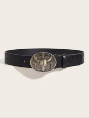 Western Cow Head Buckle Belt – Peony Pattern PU Leather Casual Belt/ COWBOY/