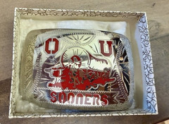 Vintage OU Oklahoma Sooners Belt Buckle Hand Crafted Johnson Held Enamel Silver