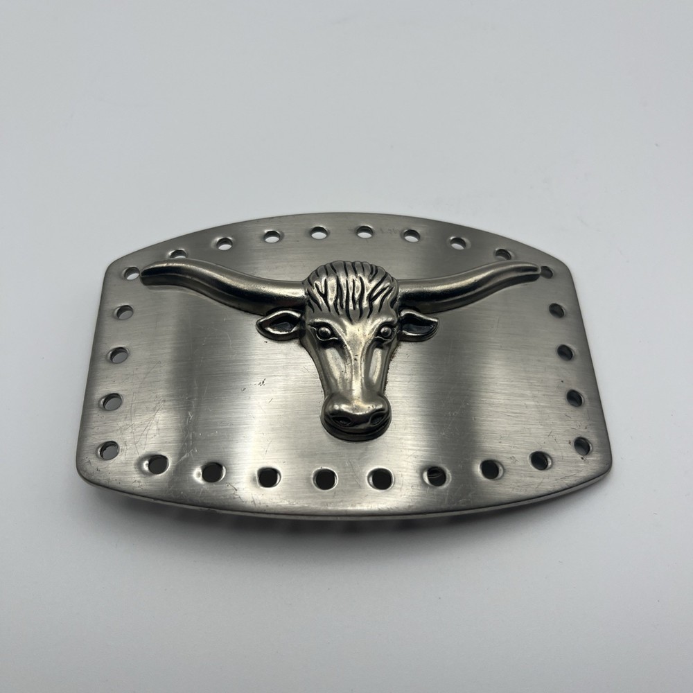 vintage STEER belt buckle CHROME metal OVERSIZED longhorn WESTERN rodeo cowboy