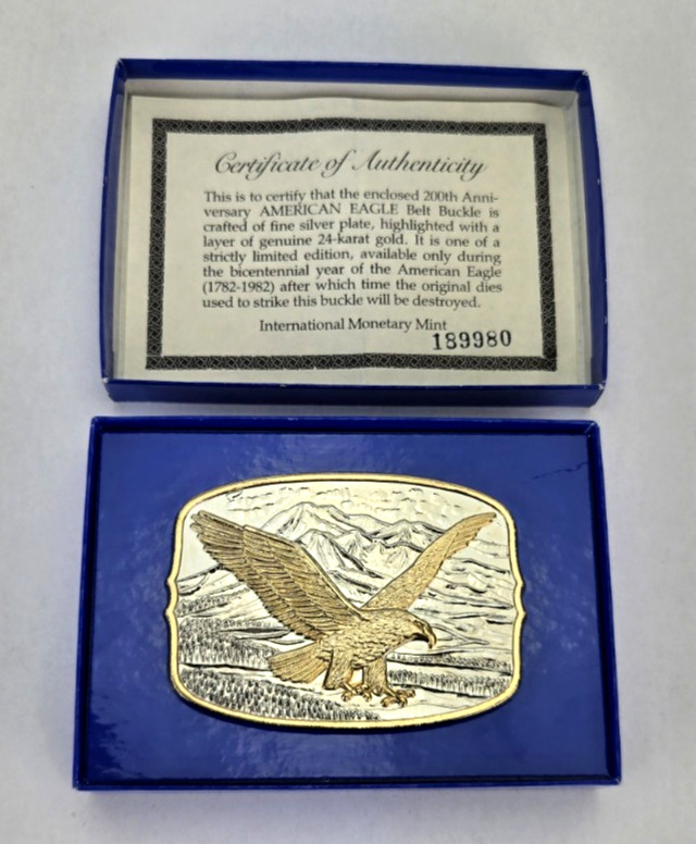 American Bald Eagle on Mountains Belt Buckle – Silver & Gold Plate 1982