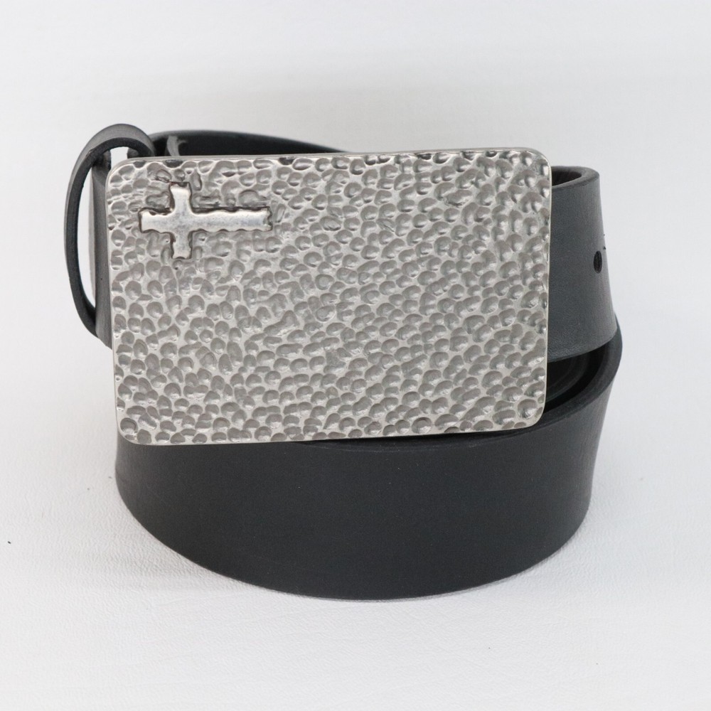 Hammered Belt Women Black Faux Leather Silver Plaited Buckle Cross Biker