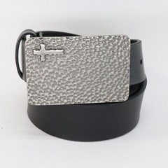 Hammered Belt Women Black Faux Leather Silver Plaited Buckle Cross Biker