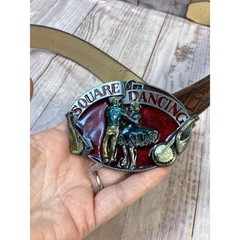 Vintage 1983 Siskiyou Square Dancing Belt Buckle with Tooled Leather Belt Brown