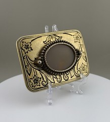 Engraved Brass Belt Buckle Agate Cabochon Floral Western Scroll Vintage Heavy
